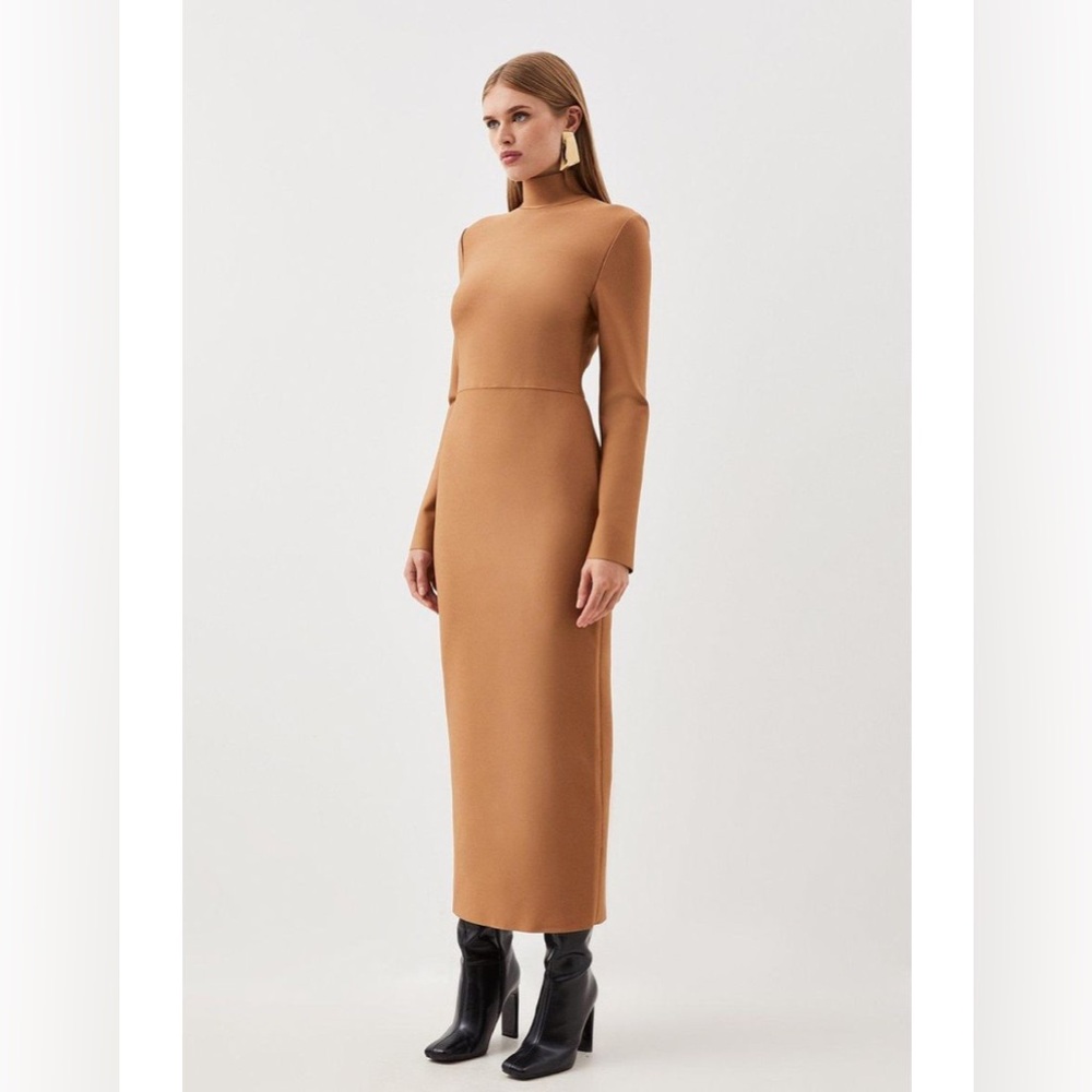 Long Sleeve Camel Midi Dress with High Neck